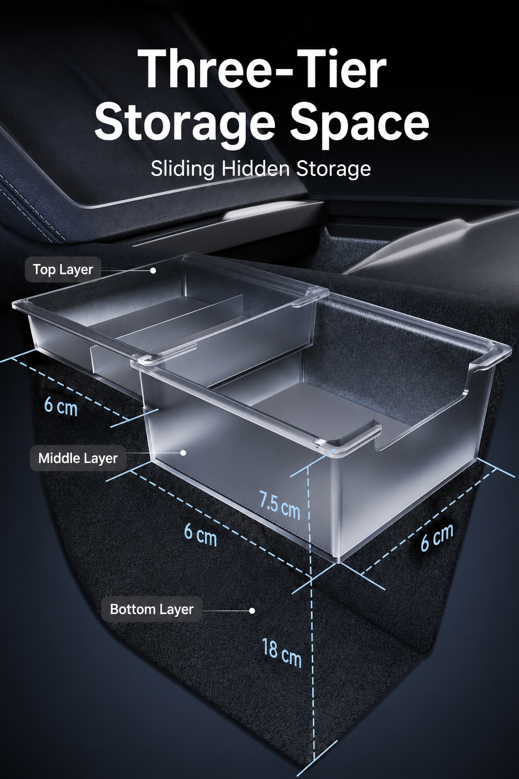 Sliding Dual Layer Center Console Storage Box for Tesla Model 3 / Y / YL