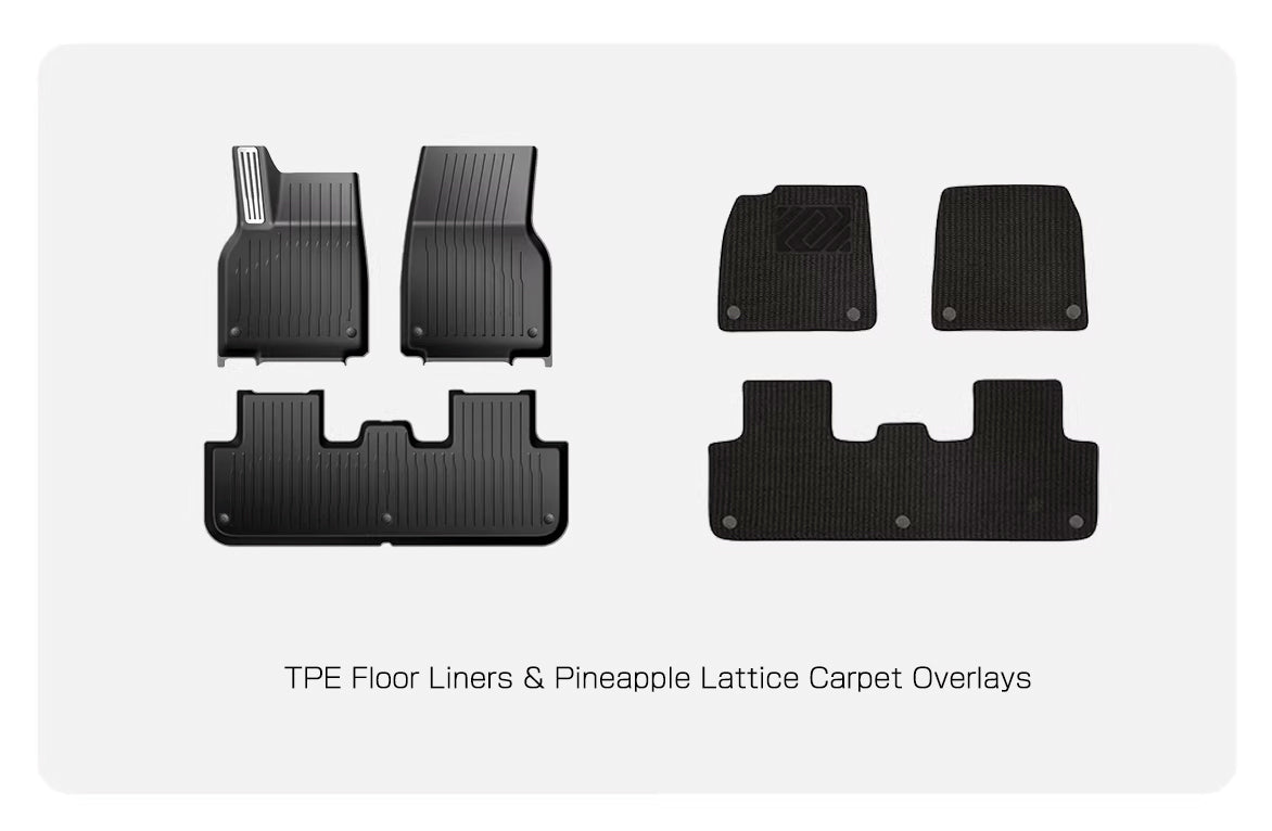 Dual Layer TPE Floor Liners with Premium Carpet Overlays for Tesla Model Y