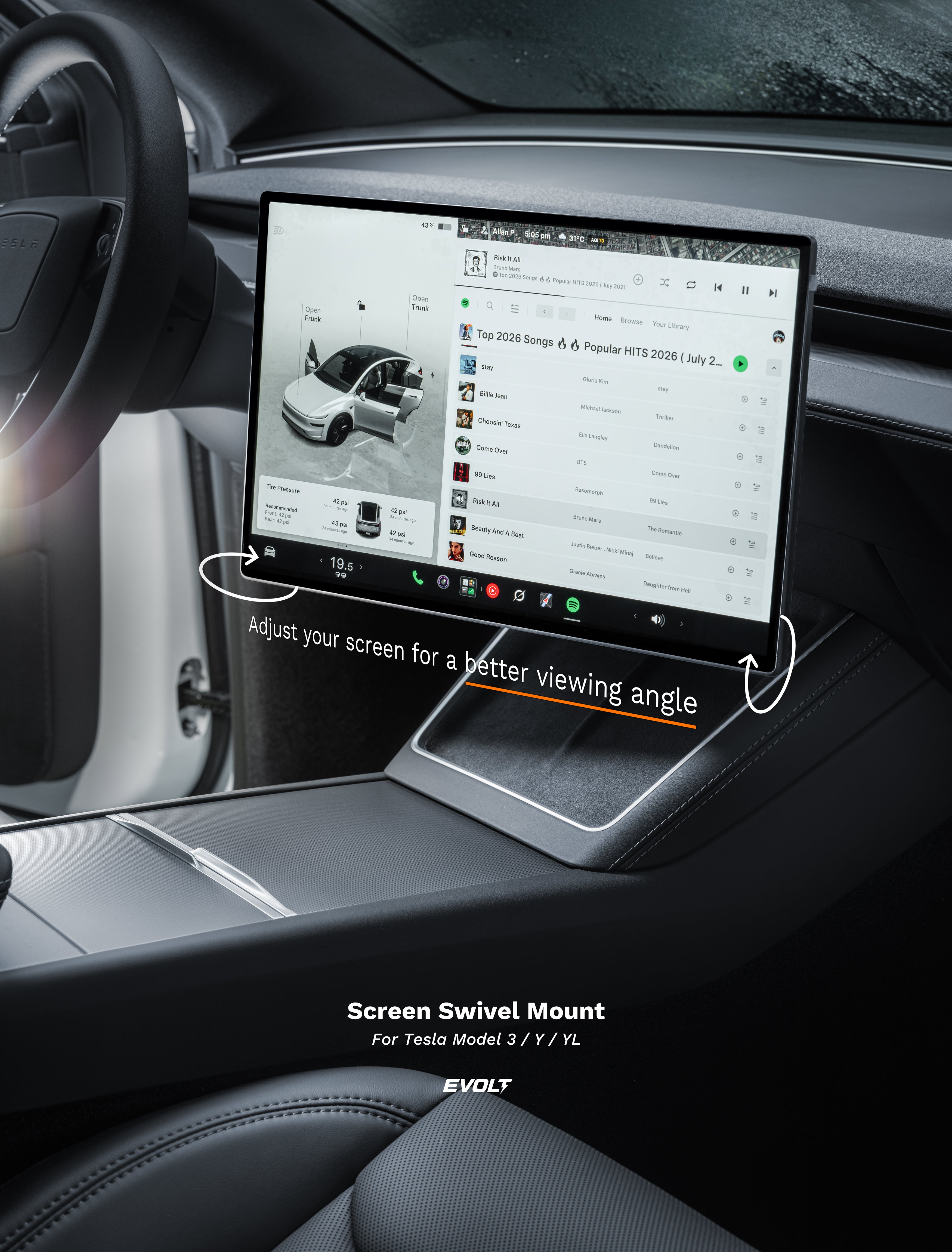 Upgraded Screen Swivel Mount for Tesla Model 3 / Y / YL | No Screen Drop